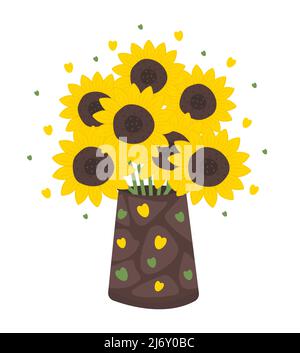 Sonnenblumen in Vase, sieben helle Blumen Stock Vektor