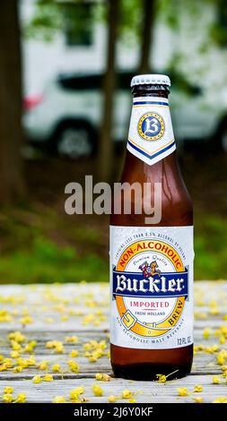 NORWALK, CT, USA - 4. MAI 2022: Alkoholfreie Buckler-Bierflasche aus Holland auf Gartentisch außerhalb von Baumverschmutzung bei Sprotte bedeckt importiert Stockfoto