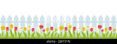 Nahtloser horizontaler Rand. Rasengras mit roten, gelben Tulpen und Narzissen und einem Zaun. Sommer, Frühling Illustration im Cartoon-Stil. Vektor in einem fl Stock Vektor