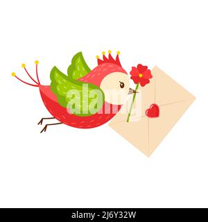 Ein leuchtender Cartoon-Vogel trägt ein Buchstabenherz und eine rote Blume im Schnabel. Das Konzept der angenehmen Nachrichten, Valentinstag. Ein Symbol der Liebe. Farbvektor il Stock Vektor