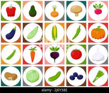 Eine Reihe von farbigen Symbolen mit Gemüse. Ein weißer Kreis auf einem quadratischen farbigen Hintergrund. Es kann als nahtloses Muster für Verpackungen und Textilien verwendet werden Stock Vektor