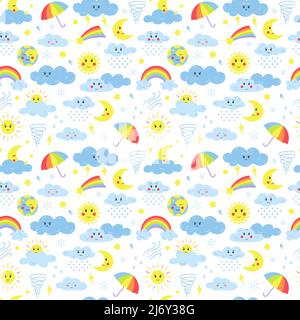 Nahtlose Muster mit Elementen von Wetter, Wolken, Wolken, Hurrikan, Blitz, Sonne mit Gesicht. Für Kindertextilien und Produkte für Kinder. Süßes Ca Stock Vektor