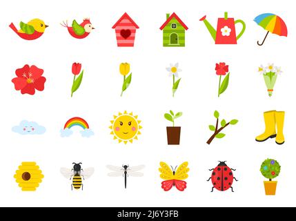 Eine Reihe von Ikonen zum Thema Frühling, Sommer. Insekten, Vögel, Tulpen, Wetter, Vogelhaus. Vektorgrafiken im flachen Cartoon-Stil. Isoliert auf w Stock Vektor