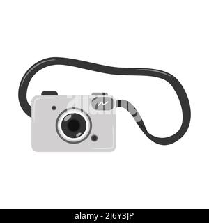 Graue digitale Spiegelreflexkamera mit Gürtel. Optische elektronische Geräte. Ein Symbol für Reisen, Urlaub, Hobby. Ein Designelement. Flache Vektorgrafik Stock Vektor
