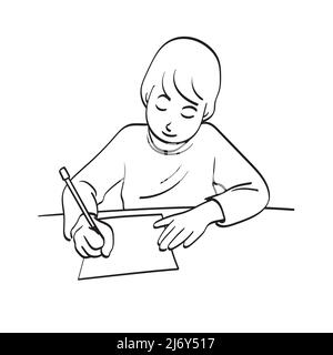 Linie Kunst Junge schreiben auf Papier mit Bleistift Illustration Vektor von Hand gezeichnet isoliert auf weißem Hintergrund Stock Vektor