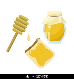 Honigglas und Toast. Abbildung für gesundes Frühstück auf weißem Hintergrund isoliert. Stock Vektor