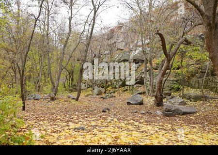 Granitfelsen des Bukski Canyon im Herbst. Malerische Landschaft und schöner Ort des ukrainischen Tourismus Stockfoto