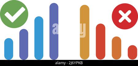 Balkendiagramm mit Häkchen, Balkendiagramm mit Kreuzzeichen. Satz von Grafik- und Diagrammsymbolen für Boom und Bust. Bearbeitbarer Vektor. Stock Vektor