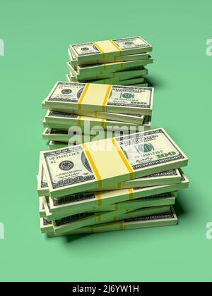 Große Geldstapel aus Dollar. Konzept der US-Dollar-Finanzierung. 3D Rendern Stockfoto