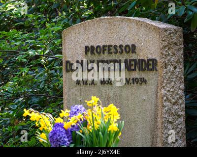 02. Mai 2022, Brandenburg, Stahnsdorf: Blumen stehen vor dem Denkmal für den Musikwissenschaftler Max Friedlaender im Südwestkirchhof vor einem Stein mit der Aufschrift „Professor Dr. Max Friedlaender“. Foto: Soeren Sache/dpa Stockfoto