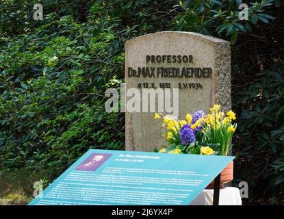 02. Mai 2022, Brandenburg, Stahnsdorf: Blumen stehen vor dem Denkmal für den Musikwissenschaftler Max Friedlaender im Südwestkirchhof vor einem Stein mit der Aufschrift „Professor Dr. Max Friedlaender“. Foto: Soeren Sache/dpa Stockfoto