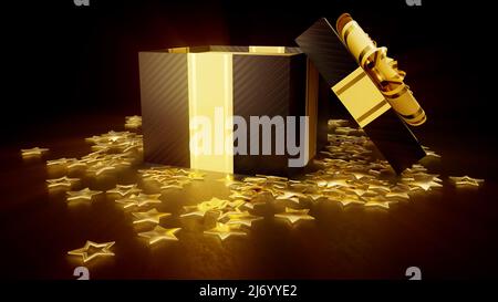 Black friday eröffnete Geschenkbox mit Licht von innen - abstraktes 3D Rendering Stockfoto