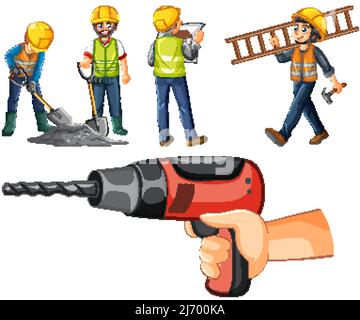 Satz von Baustellen Objekte und Arbeiter Illustration Stock Vektor