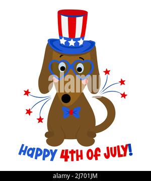 Happy 4. of July - Doodle zeichnen lustige USA Hund. Handgezeichneter Schriftzug für Grußkarte zum Unabhängigkeitstag, Einladung. Geeignet für T-Shirt, Becher, Geschenk, Druck Stock Vektor