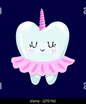 Unicorn Teeth - Feen Prinzessin mit Zahn im Kawaii-Stil. Handgezeichnete Zahnfee mit witzigem Zitat. Gut für Schulkindergarten Prävention Stock Vektor