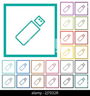 Pendrive umreißt flache Farbsymbole mit Quadranten-Rahmen auf weißem Hintergrund Stock Vektor