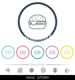Ein Cheeseburger umreißt flache Farbsymbole in runden Umrissen. 6 Bonus-Symbole enthalten. Stock Vektor