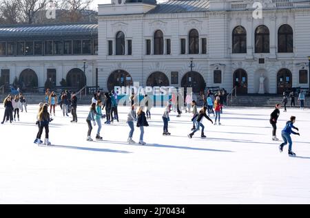 BUDAPEST - JAN 19: Städtische Eisbahn Mujegpalya im Varosliget Park in Budapest, Januar 19. 2022 in Ungarn Stockfoto