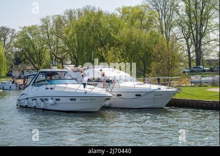 Zwei große und eine kleine Kabinenkreuzfahrtschiffe vertäuten bankside auf der Themse, Windsor, England, Großbritannien. Stockfoto