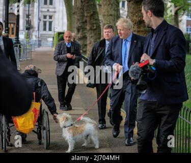 London, Großbritannien, 5.. Mai 2022. Der Premierminister hält an, um einem Mann im Rollstuhl zu erlauben, Dilyn zu grüßen. Boris Johnson, britischer Premierminister, gibt heute Morgen bei den Kommunalwahlen in der Methodist Central Hall in Westminster seine Stimme ab und läuft mit seinem Hund Dilyn. Kredit: Imageplotter/Alamy Live Nachrichten Stockfoto