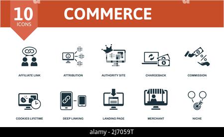 Symbol „Commerce Set“. Editierbare Symbole Commerce Thema wie Affiliate-Link, Behörde Website, kommission und mehr. Stock Vektor