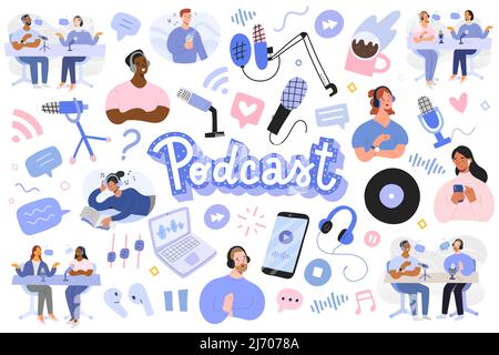 Podcast-Illustrationen, Podcasts und Zuhörer, Interview mit Moderatoren und Gastaufzeichnungen, Lautsprecher, Mikrofon und Headset-Objekte, Internetübertragung Stock Vektor