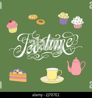 Teezeit. Handgezeichnete handgeschriebenen Schriftzüge und Teelemente auf grünem Hintergrund. Stock Vektor