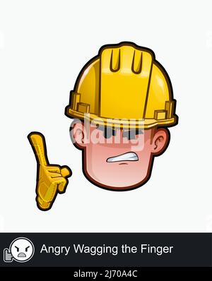 Ikone eines Bauarbeiters mit wütender, geweckender emotionaler Ausdrucksweise des Fingers. Alle Elemente übersichtlich auf gut beschriebenen Ebenen und Gruppen. Stock Vektor