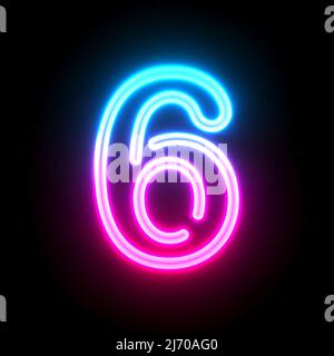Blau rosa leuchtende Neonröhre Schrift Nummer 6 SECHS 3D Renderdarstellung isoliert auf schwarzem Hintergrund Stockfoto