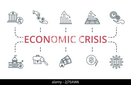 Symbol für die Wirtschaftskrise. Editierbare Symbole Thema Wirtschaftskrise wie Rezession, Währungskrise, Inflation und mehr. Stock Vektor