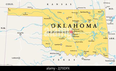 Oklahoma, OK, politische Karte mit der Hauptstadt Oklahoma City, wichtigen Städten, Flüssen und Seen. US-Bundesstaat in der Region South Central, Ureinwohner Amerikas. Stockfoto