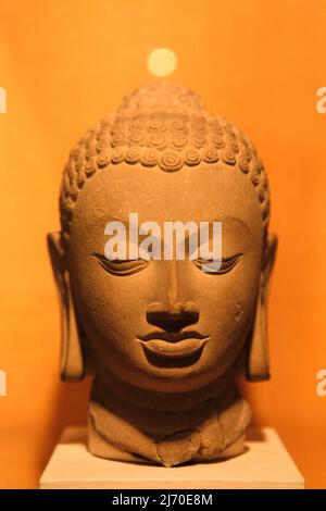 Buddha-Kopf aus dem 5.. Jahrhundert, gefunden in Sarnath, Varanasi, Uttar Pradesh, Indien. Fotografiert im Nationalmuseum in Neu-Delhi, Indien. Stockfoto