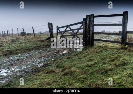 Ein klappriges hölzernes fünf-Bar-Tor am Eingang zu einem Feld an einem neblig düsteren Tag auf Bodmin Moor in Cornwall. Stockfoto