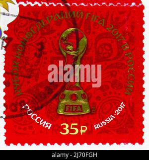 MOSKAU, RUSSLAND - 10. JUNI 2021: In Russland gedruckte Briefmarke zeigt FIFA Confederation Cup, 2017, Russland, Serie, um 2017 Stockfoto