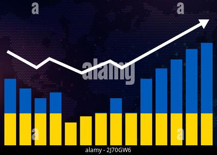 Ukraine-Balkendiagramm mit Höhen und Tiefen, steigenden Werten, Ukraine-Länderflagge auf Balkendiagramm, nach oben steigender Pfeil auf Daten, News-Banner-Idee Stockfoto