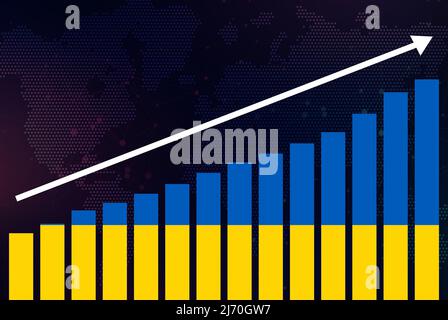 Ukraine-Balkendiagramm, steigende Werte, Ukraine-Länderflagge auf Balkendiagramm, Aufwärtspfeil auf Daten, Nachrichtenbanner-Idee, Entwicklungsländer Stockfoto