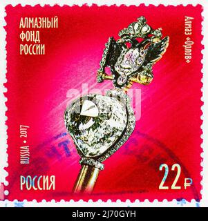 MOSKAU, RUSSLAND - 10. JUNI 2021: Die in Russland gedruckte Briefmarke zeigt Diamond Orlov, Diamond Fund der Serie der Russischen Föderation, um 2017 Stockfoto