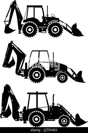 Set von verschiedenen Silhouetten Baggerlader isoliert auf weißem Hintergrund. Schwere Bau- und Bergbaumaschinen. Vektorgrafik. Stock Vektor