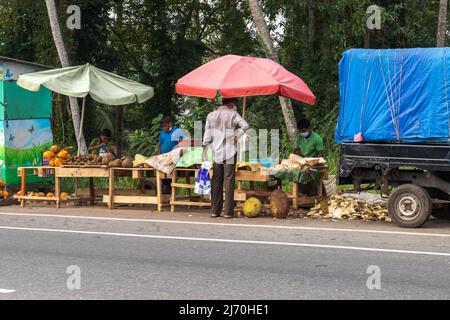 Malabe, Sri Lanka - 4. Dezember 2021: Einkäufer und Verkäuferinnen auf dem Obstmarkt am Straßenrand Stockfoto