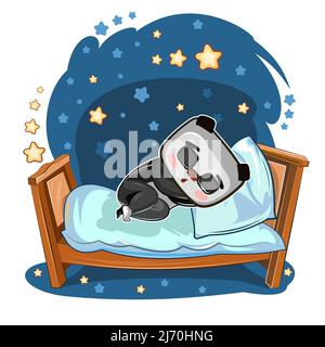 Baby Panda Bear schläft im Bett. Träumen. Nacht und Sterne. Abbildung für Kinder. Schönes Baby Tier schlief ein. Cartoon-Stil Bild. Isoliert auf Whit Stock Vektor