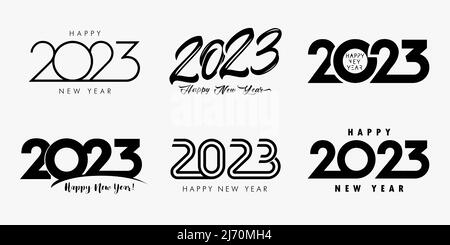 Großes Set 2023 Happy New Year schwarzes Logo Text Design. Designvorlage für 20 23 Nummern. Sammlung von Symbolen von 2023 Frohes neues Jahr. Vektorgrafik Stock Vektor