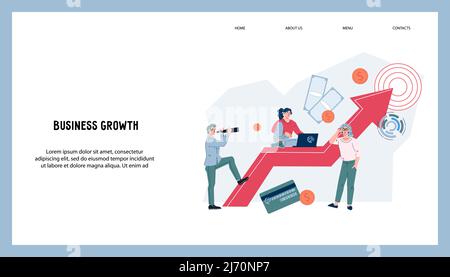 Geschäftswachstum und erfolgreiche Entwicklung Website Banner Mockup, Vektor-Cartoon flache Illustration. Steigern Sie die Gewinne und Gewinn erhöhen für Web-Seite Stock Vektor
