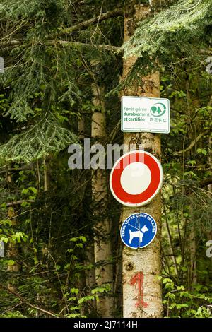 Waldweg Zeichen bedeutet halten Sie Ihren Hund an der Leine und der Zugang zu Fahrzeugen verboten, in Vosges, Frankreich Stockfoto