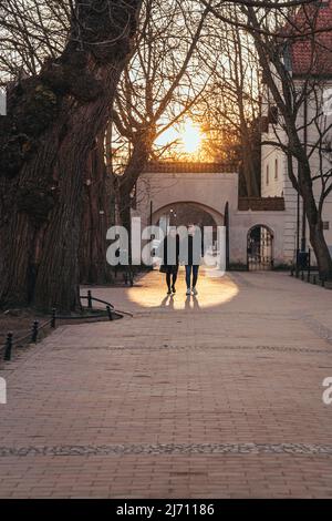 Danzig,PL-15 Mar 22: Im Olivenpark in goldener Stundensonne hinter ihnen, männliche und weibliche Paraden auf einem Gehweg in Sonnenuntergang goldene Stunde Zeit im Frühjahr mit Stockfoto