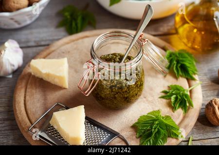 Ein Glas Pesto aus frischen jungen gemahlenen Holunderblättern im Frühjahr Stockfoto