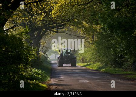 Traktor auf baumgesäumter Landstraße in East Yorkshire, England Stockfoto