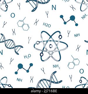 Nahtloses Vektormuster mit Atomen und DNA auf weißem Hintergrund. Einfache Wissenschaft Tapete Design für Kinder. Dekorative Chemie Mode Textil. Stock Vektor