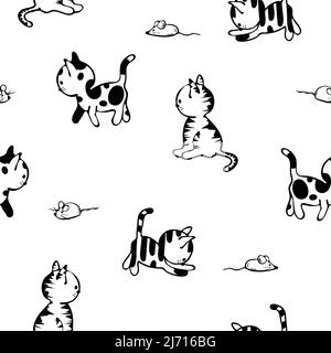 Nahtloses Vektormuster mit Katzenzeichnung auf weißem Hintergrund. Einfache Tier Doodle Tapete Design. Dekorative Kätzchen Mode Textil. Stock Vektor