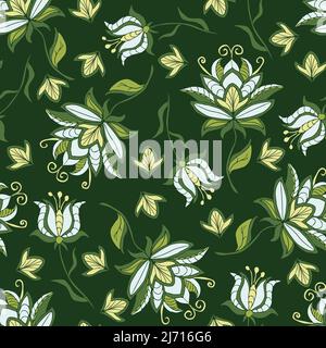 Nahtloses Vektor-Muster mit weißen Blüten auf grünem Hintergrund. Romantisches Vintage florales Tapetendesign. Tropischer Garten Mode Textil. Stock Vektor
