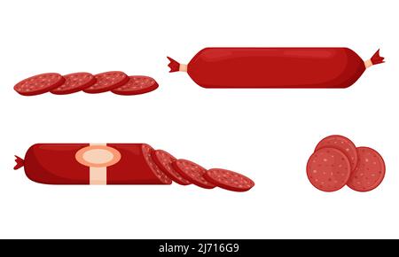 Set aus roten Räucherwürsten, ganze Wurst, halb, in Scheiben geschnitten. Essen, Fertigfleischgericht. Flacher Style. Farbvektordarstellung isoliert auf einem weißen Hintergrund Stock Vektor